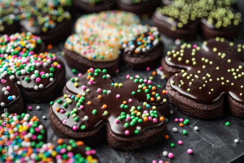 Ultra sharp image showcasing festive shamrock cookies adorned with rich chocolate glaze and vibrant © markusmiller