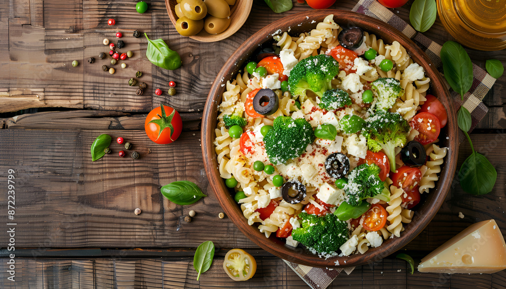 Pasta salad with tomato, broccoli, black olives, and cheese feta on wooden table, top view Pasta salad with tomato, broccoli, black olives, and cheese feta on wooden table, top view