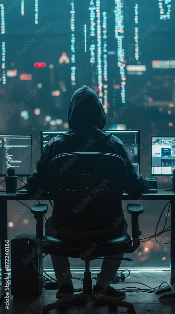 A hacker is seated at a desk, working on two computer monitors in front of them - Generative AI