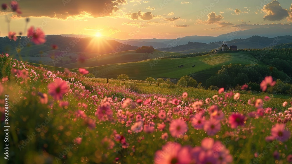 Obraz premium Sunset Over Blooming Flower Field - Generative AI