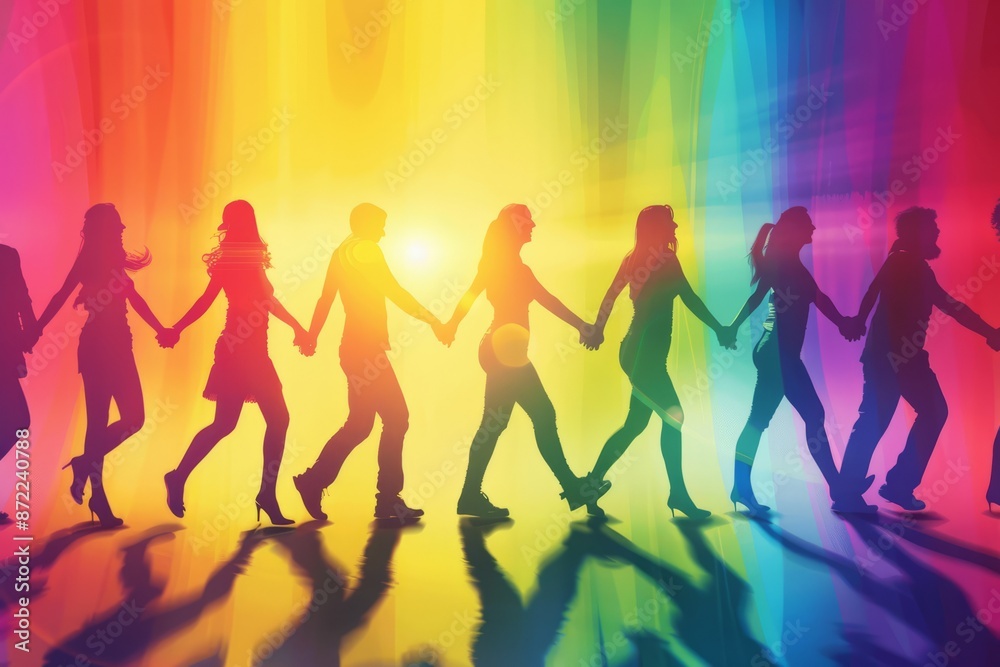 Silhouettes of people holding hands and dancing joyfully for Pride Month. Silhouettes of people holding hands and dancing joyfully for Pride Month.