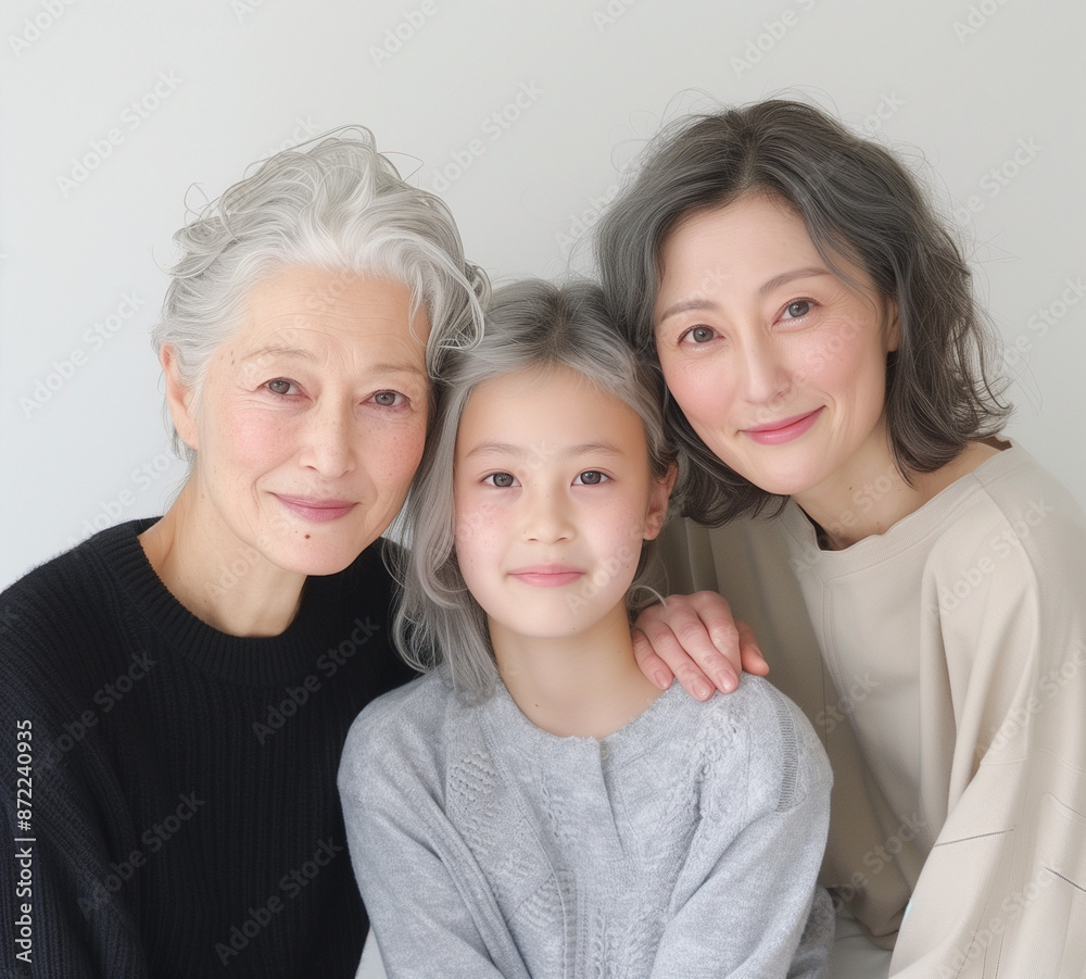 A portrait of three people. The mother has one arm around each child's shoulder as they pose together on a pure white background A portrait of three people. The mother has one arm around each child's shoulder as they pose together on a pure white background