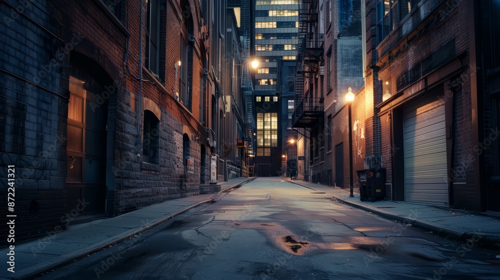 A quiet urban alleyway, with no pedestrians or vehicles