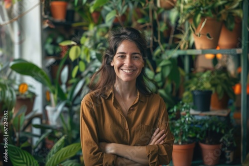 Portrait happy female business owner with houseplant in garden shop