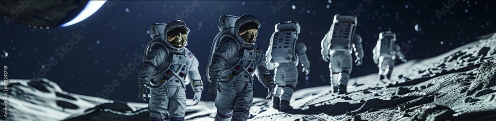 High-res, professionally graded image: five spacemen on moon-like landscape, Earth's crescent High-res, professionally graded image: five spacemen on moon-like landscape, Earth's crescent