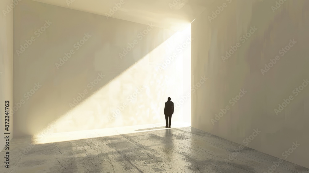 Solitary Figure in Minimalist Room with Dramatic Light Beam Solitary Figure in Minimalist Room with Dramatic Light Beam