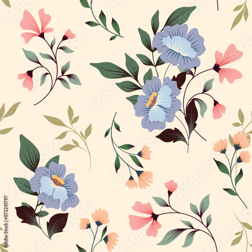 Seamless floral pattern, abstract nature ornament, print in romantic classic style. Beautiful botanical design: large hand drawn flower, small branches, leaves in delicate colors. Vector illustration.
