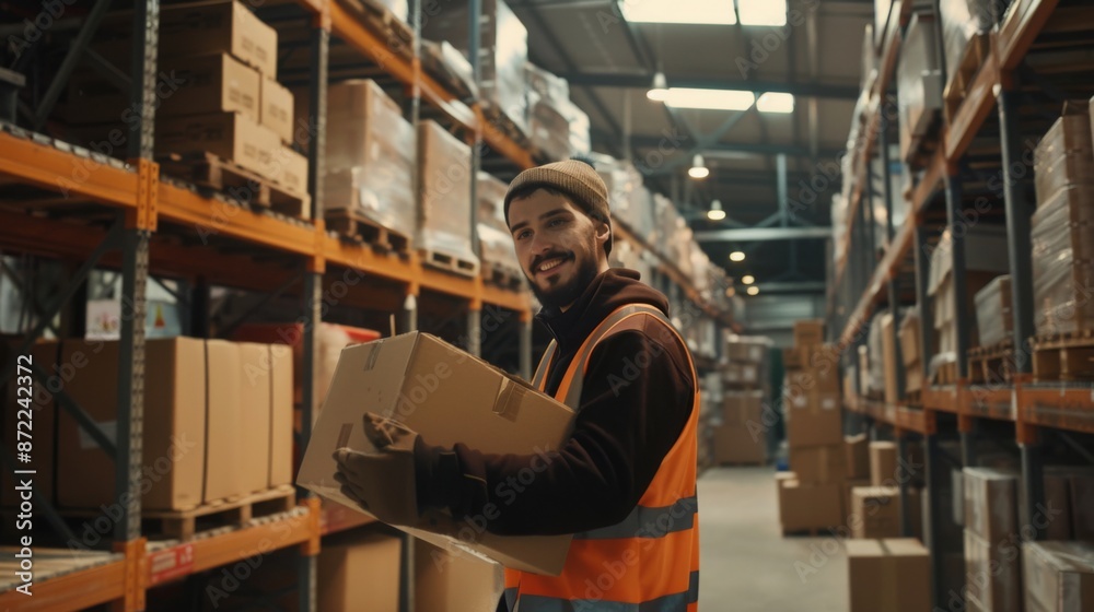 A warehouse worker wearing a beanie and jacket carries a box through an aisle filled with shelves of goods. A warehouse worker wearing a beanie and jacket carries a box through an aisle filled with shelves of goods.
