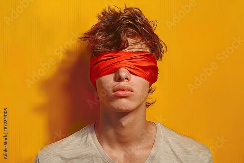 Portrait of a young man in a blindfold on a vibrant yellow background. photo