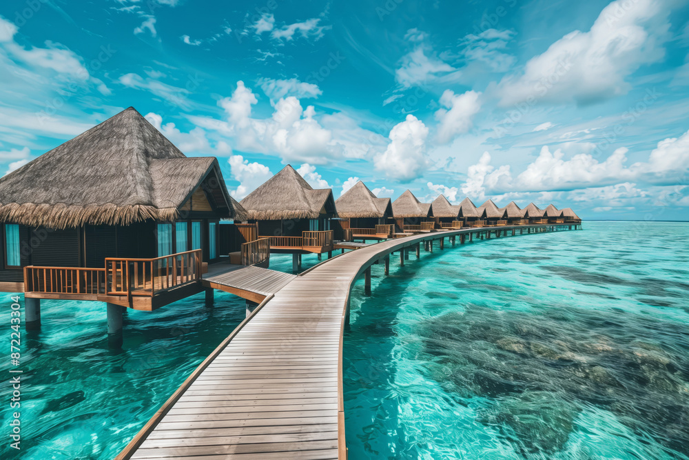 Obraz premium Beautiful tropical landscape with wooden overwater villas