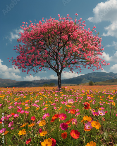 One pink ipê tree in a field full of flowers