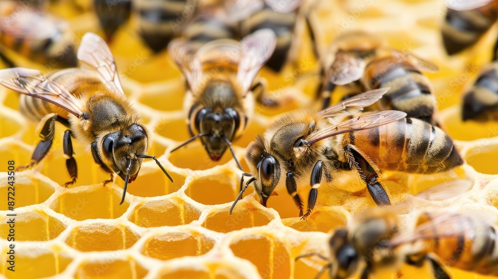 A close-up image shows a honeycomb with numerous bees crawling and working on the wax structure A close-up image shows a honeycomb with numerous bees crawling and working on the wax structure