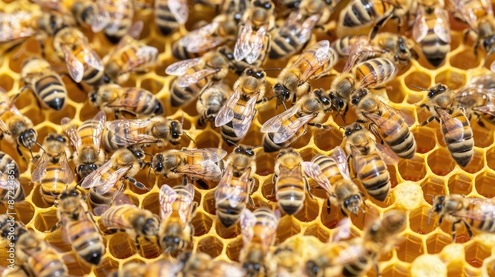 A close-up image shows a honeycomb with numerous bees crawling and working on the wax structure. A close-up image shows a honeycomb with numerous bees crawling and working on the wax structure.