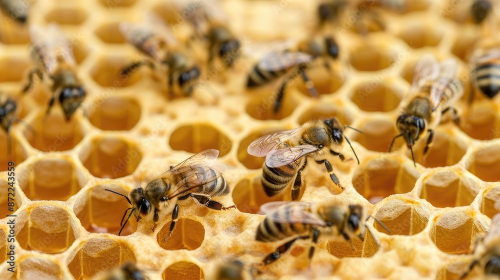 A close-up image shows a honeycomb with numerous bees crawling and working on the wax structure A close-up image shows a honeycomb with numerous bees crawling and working on the wax structure