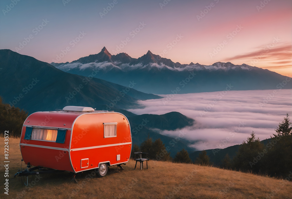 Obraz premium Caravan house trailer camping in mountain nature