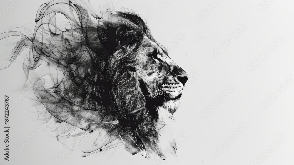 A regal lion, its mane flowing, is drawn with bold black ink on a stark white background A regal lion, its mane flowing, is drawn with bold black ink on a stark white background