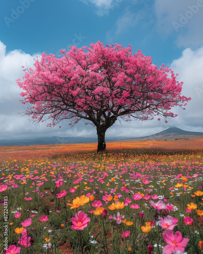 One pink ipe tree in a field full of flowers