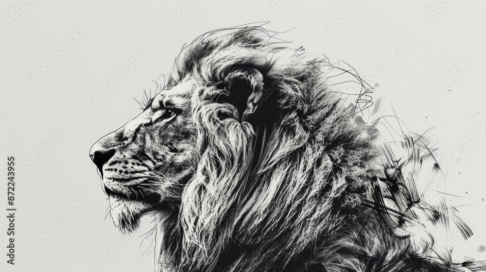 Obraz premium A regal lion, its mane flowing, is drawn with bold black ink on a stark white background
