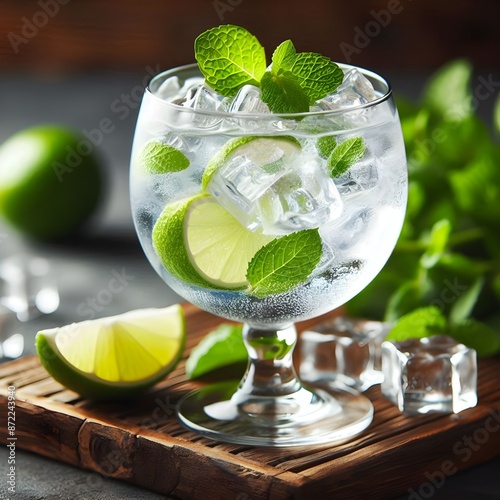 Refreshing Gin and Tonic Cocktail with Lime and Mint – Close-Up Summer Drink