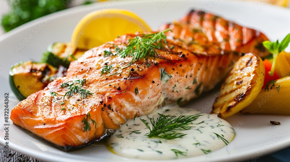 A beautifully plated dish of grilled salmon with a lemon-dill sauce, served with a side of roasted vegetables and a sprig of fresh herbs A beautifully plated dish of grilled salmon with a lemon-dill sauce, served with a side of roasted vegetables and a sprig of fresh herbs