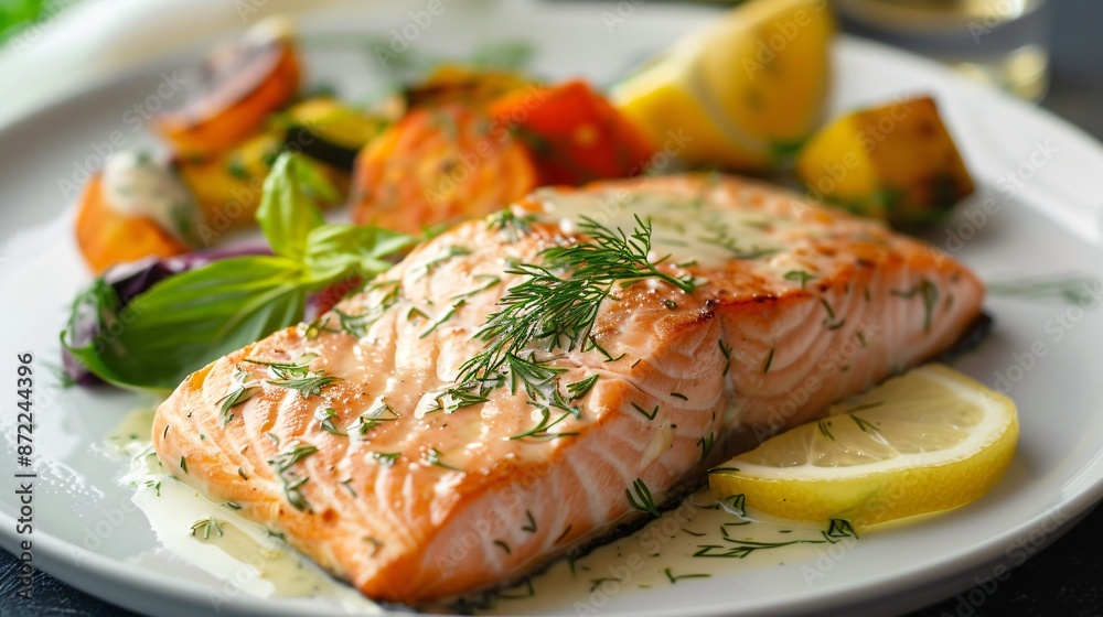 A beautifully plated dish of grilled salmon with a lemon-dill sauce, served with a side of roasted vegetables and a sprig of fresh herbs A beautifully plated dish of grilled salmon with a lemon-dill sauce, served with a side of roasted vegetables and a sprig of fresh herbs