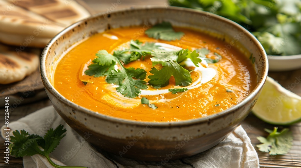 A bowl of creamy carrot and coconut soup, topped with a swirl of coconut cream and fresh cilantro, served with a slice of lime A bowl of creamy carrot and coconut soup, topped with a swirl of coconut cream and fresh cilantro, served with a slice of lime