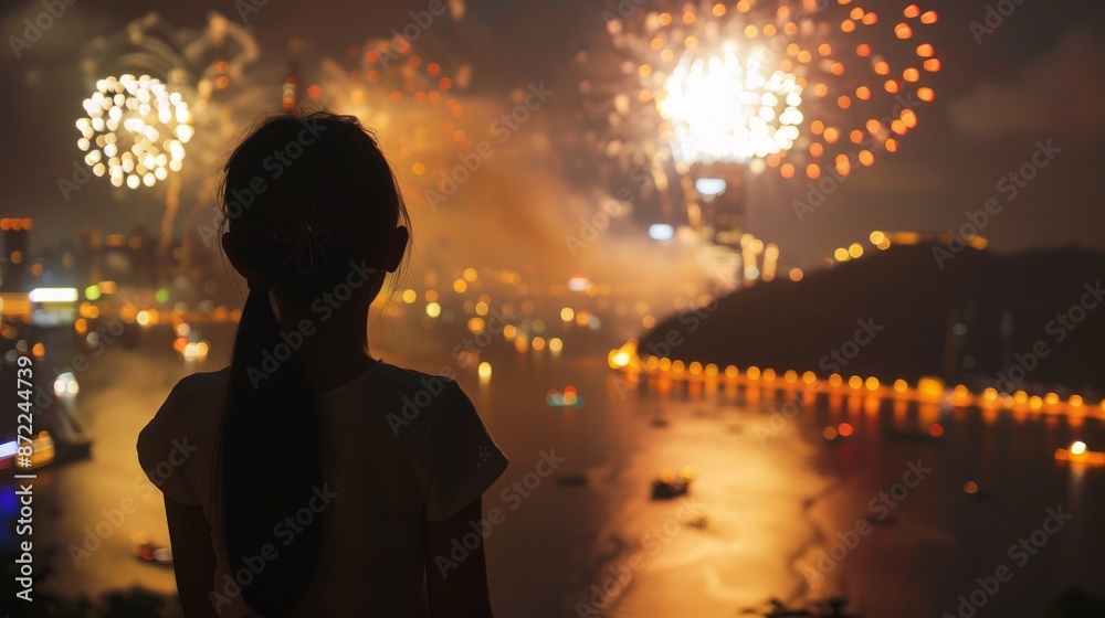 Fototapeta premium Silhouette of a Young Girl Watching Vibrant Fireworks Over a Cityscape at Night