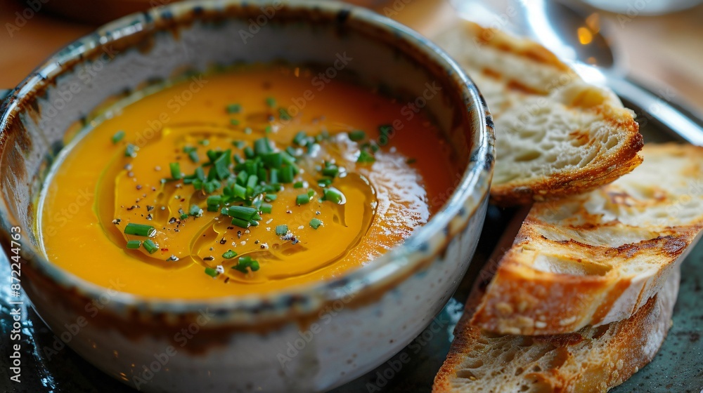 A delicious carrot and ginger soup served in a vintage ceramic bowl, with a side of crusty bread and a sprinkle of chopped chives A delicious carrot and ginger soup served in a vintage ceramic bowl, with a side of crusty bread and a sprinkle of chopped chives
