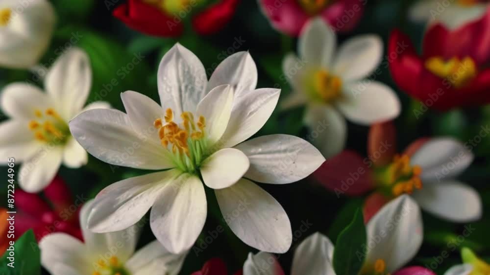 Top View Growing Bud Colorful Flower and White Petals Background. Beautiful Blooming Plant in Timelapse. Video Romantic and Natural Backdrop. 4K Motion graphics Animation Video Top View Growing Bud Colorful Flower and White Petals Background. Beautiful Blooming Plant in Timelapse. Video Romantic and Natural Backdrop. 4K Motion graphics Animation Video