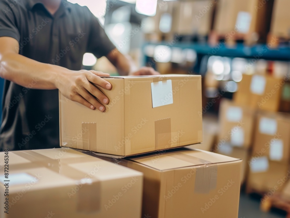 Close-up of hands handling a cardboard box in a busy warehouse environment, preparing for shipment or storage Close-up of hands handling a cardboard box in a busy warehouse environment, preparing for shipment or storage