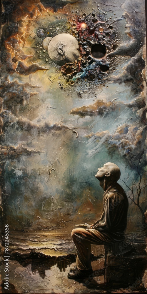 Surreal Artwork of a Man Gazing at a Cosmic Sky with Planets and Stars Surreal Artwork of a Man Gazing at a Cosmic Sky with Planets and Stars