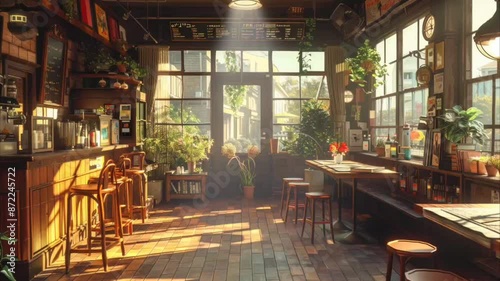 Sunlit café interior with rustic charm and natural light, creating a cozy and inviting atmosphere for patrons, featuring wooden furniture