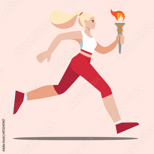 Sports athletic girl running with a flaming torch. Female torchbearer at an international sports event. Vector illustration