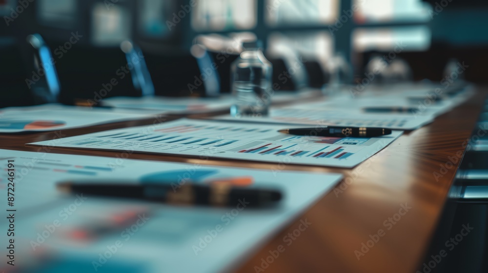 A series of printed reports spread out on a conference table A series of printed reports spread out on a conference table