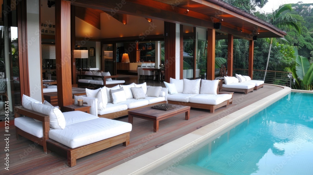 A modern tropical villa patio features a large swimming pool, comfortable lounge furniture, and lush greenery surrounding the property A modern tropical villa patio features a large swimming pool, comfortable lounge furniture, and lush greenery surrounding the property