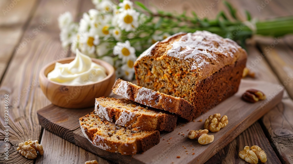 A rich carrot and walnut bread, freshly baked and sliced, served with a side of whipped butter, on a rustic wooden table A rich carrot and walnut bread, freshly baked and sliced, served with a side of whipped butter, on a rustic wooden table