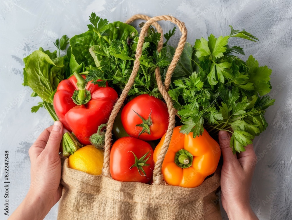 Close-up of hands holding a bag filled with fresh vegetables, emphasizing healthy eating and eco-friendly shopping Close-up of hands holding a bag filled with fresh vegetables, emphasizing healthy eating and eco-friendly shopping