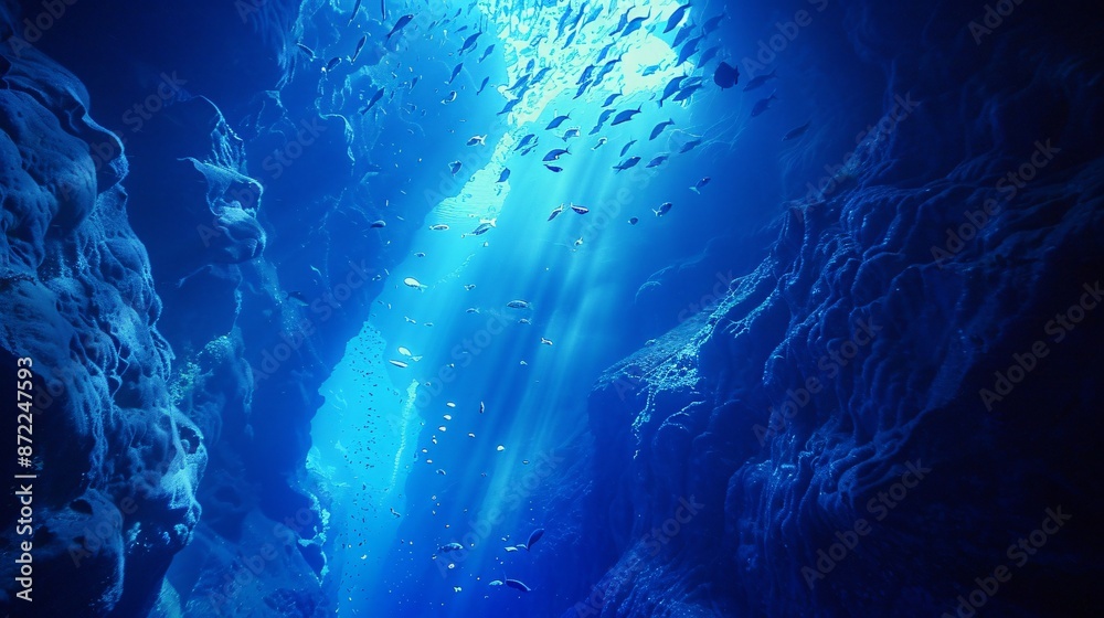 Naklejka premium An underwater cave illuminated by bioluminescent fish, casting an ethereal glow on the rocky walls and creating a mystical atmosphere