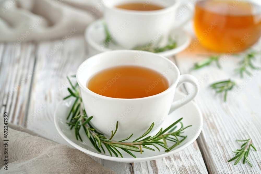 Cup of herbal tea with fresh rosemary on a wooden table Cup of herbal tea with fresh rosemary on a wooden table