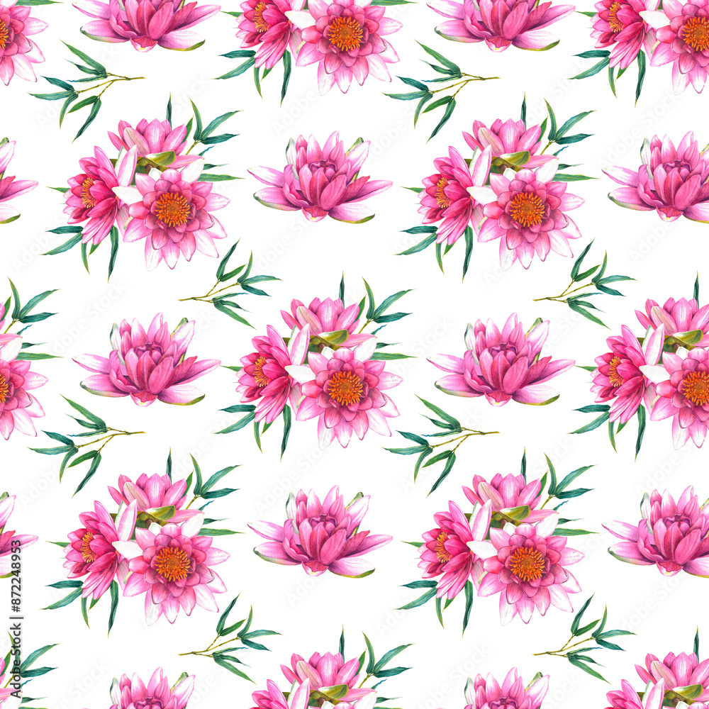 Seamless pattern with pink flowers of a water lily and a sprig of bamboo. Hand drawn watercolor illustration of exotic lotus composition for wrapping paper or textile design. Print on white background