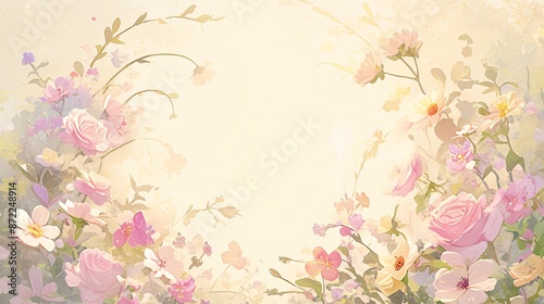 Elegant Circular Floral Frame on Soft Blurred Background for Copy Space