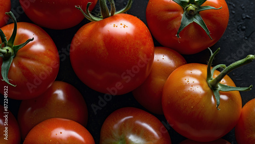 Fototapeta Naklejka Na Ścianę i Meble -  Close-up image of fresh ripe tomatoes with water drops on a dark background, the tomatoes have a bright red-orange color and green stems attached, which emphasizes their freshness and naturalness