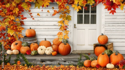 A white porch with a wooden door is decorated with pumpkins and fall leaves