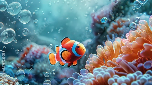 Artistic depiction of an orange clownfish in a mesmerizing underwater scene with bubbles and coral. Generative AI © florynstudio3