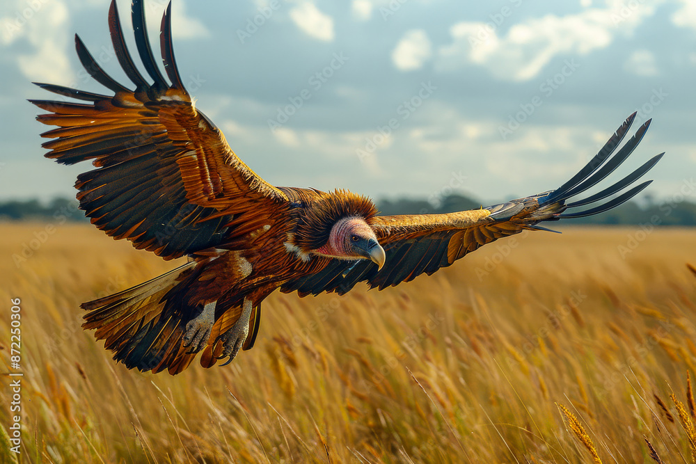 Obraz premium A large bird with a red beak flies over a field of tall grass. The bird's wingspan is wide, and it is soaring through the sky.