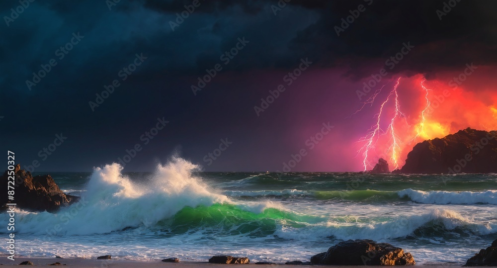 Fototapeta premium Dark stormy sea with dramatic sky and lightnings