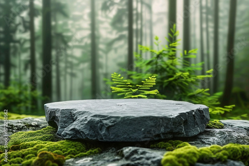 mock up - platform of a grey rock in a natural setting in a forest photo