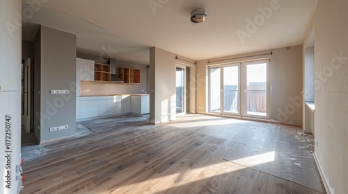 This image shows the interior of an empty apartment with hardwood floors and white kitchen cabinets. The apartment is under construction and the walls are bare.  © liliyabatyrova