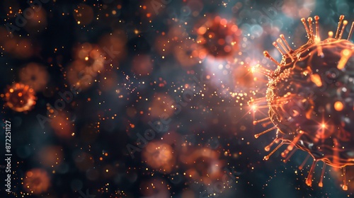 Artistic representation of a virus particle with fiery sparks on a blurred background. Generative AI photo