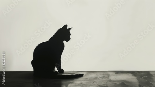 A sleek black cat, elegantly captured in black ink, sits poised on a pristine white canvas